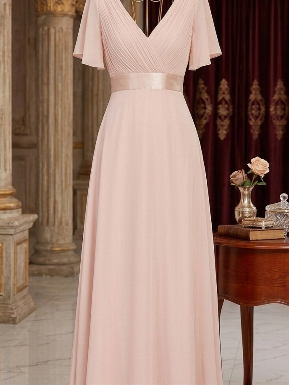 Ever Pretty Blush Pink V-Neck Flutter Sleeve Maxi Dress